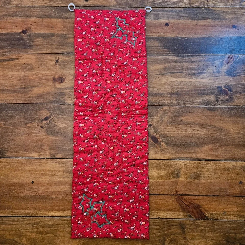 VTG Handmade Quilted JOY Christmas Wall Hanging Holly Holiday Fabric Banner